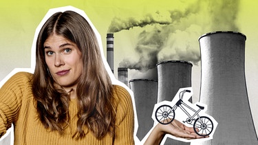 Ilka Knigge hält ein Fahrrad in der Hand. Dahinter ein Kraftwerk. | Bild: BR
