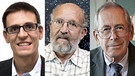 Die Physik-Nobelpreis-Träger 2019: Didier Queloz (links), Michel Mayor (Mitte) und James Peebles (rechts). Der Physik-Nobelpreis 2019 geht zur Hälfte an James Peebles für seine theoretischen Entdeckungen in physikalischer Kosmologie, zur Hälfte an Michel Mayor und Didier Queloz für ihre Entdeckung eines Exoplaneten um einen sonnenähnlichen Stern. | Bild: Reuters (RNSP)/picture-alliance.de