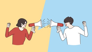 Illustration: Zwei Menschen mit Megafon. Du bist schuld! Nein, du! Ob Paare, Eltern und Kinder oder Freunde - täglich haben Menschen Probleme miteinander und zoffen sich. Aber warum streitet wir uns überhaupt und wie können Konflikte konstruktiv gelöst werden? | Bild: colourbox.com