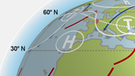 Wetter und Meteorologie: Die Grafik zeigt einen Globus mit Winden, Hoch- und Tiefdruckgebieten. Wie entstehen Wetterphänomene wie Winde, Föhn, Gewitter, Blitze oder Hurrikane und Tornados? Die globalen Windsysteme, Meeresströmungen und die Erdrotation beeinflussen unser Wetter. | Bild: BR