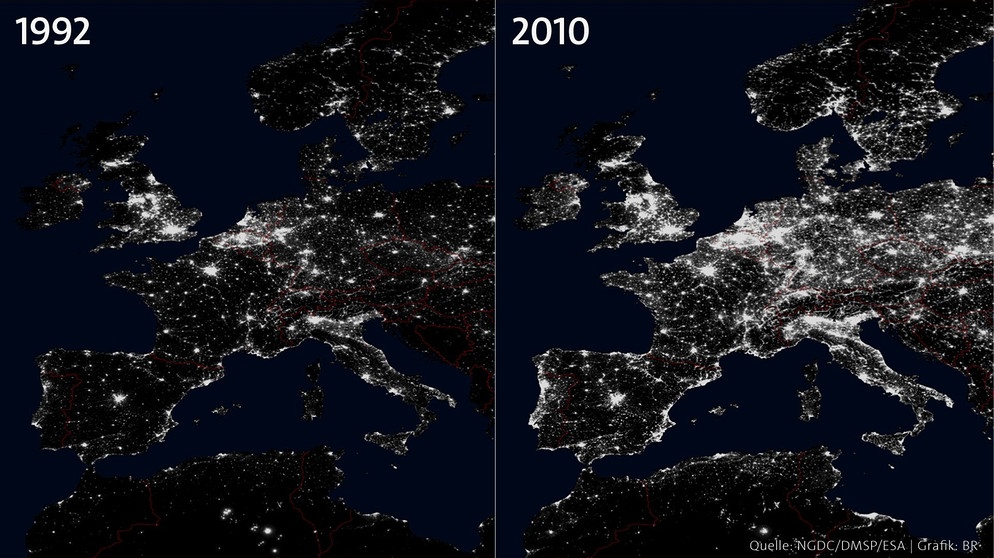 Satellitenbilder von Europa bei Nacht: Links ist die Beleuchtung europäischer Städte im Jahr 1992 zu sehen, rechts zum Vergleich dagegen die enorme Hellligkeit im Jahr 2010. Lichtverschmutzung ist ein wachsendes Problem. Lichtverschmutzung lässt die Nacht selten werden. Der Lichtsmog stört die Finsternis, Tiere und Ökosysteme - und macht auch uns selbst krank. Einmal im Jahr macht die Earth Night auf zunehmende Lichtverschmutzung aufmerksam. | Bild: NASA Satellitenbilder von Europa bei Nacht: Links ist die Beleuchtung europäischer Städte im Jahr 1992 zu sehen, rechts zum Vergleich dagegen die enorme Hellligkeit im Jahr 2010. Lichtverschmutzung ist ein wachsendes Problem. Lichtverschmutzung lässt die Nacht selten werden. Der Lichtsmog stört die Finsternis, Tiere und Ökosysteme - und macht auch uns selbst krank. Einmal im Jahr macht die Earth Night auf zunehmende Lichtverschmutzung aufmerksam. | Bild: NASA