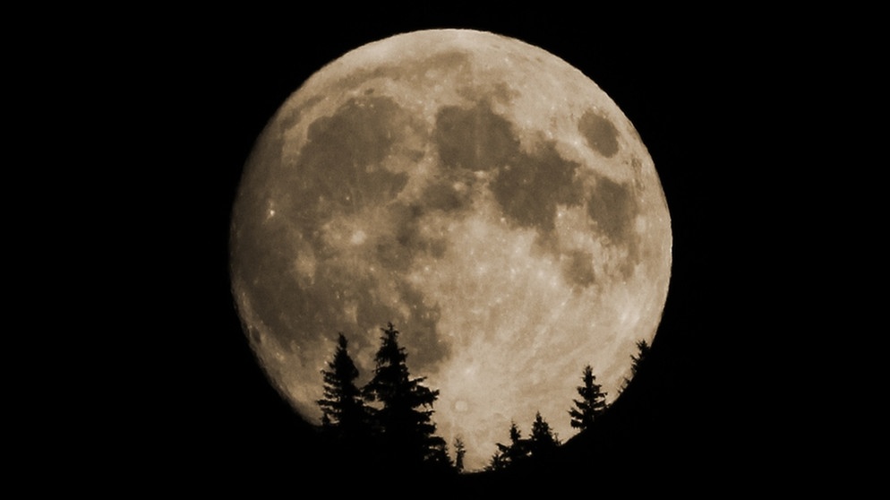 Gerade bei Vollmond wirkt das Gestirn am Horizont manchmal riesengroß. Dann erkennt man auch, dass er uns immer dieselbe Seite zuwendet. Das liegt an seiner gebundenen Rotation zur Erde. | Bild: Helmut Herbel